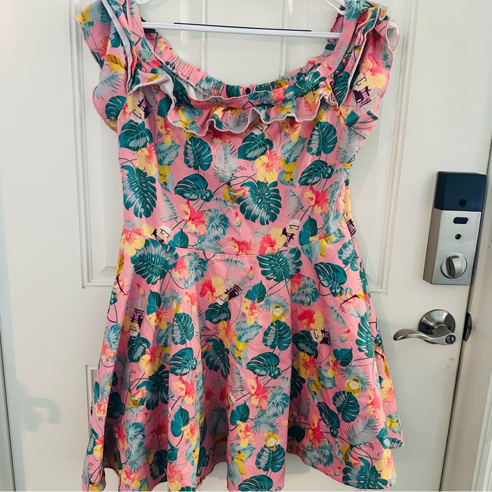 Loungefly Pink Tropical Leaf Ruffle Mini Dress with Teal & Yellow Accents